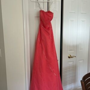 Morgan & Co. Elegant Coral Strapless Gown with Silver Accents
